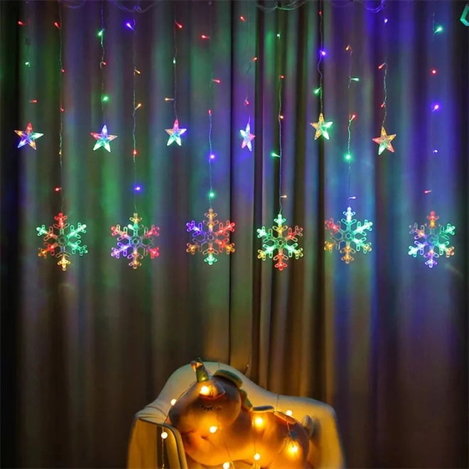 Świąteczne LED światła płatki śniegu i gwiazdy zasłona 138LED
