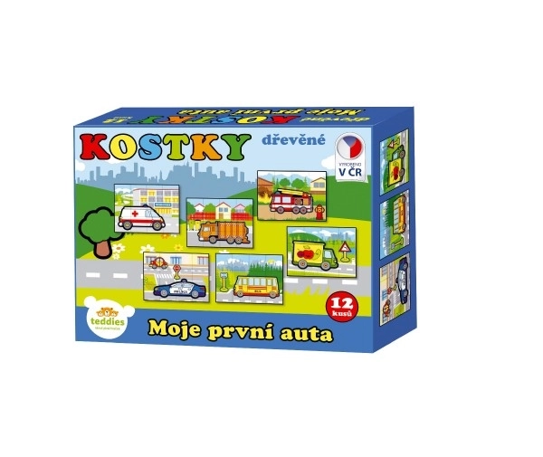Drewniane klocki Moje pierwsze auta 12 sztuk w pudełku 17x12,5x4cm MPZ