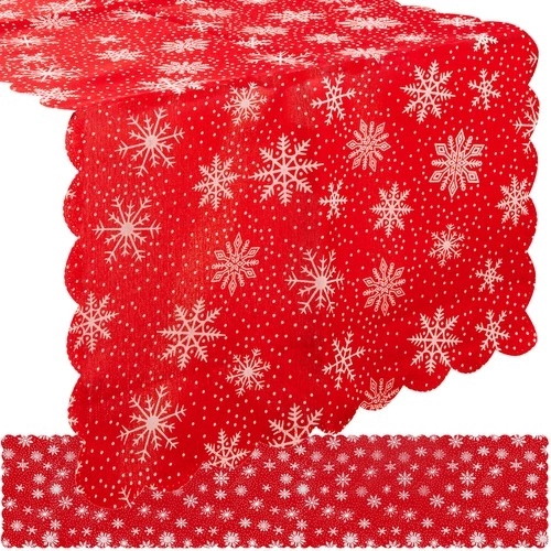 Długi Świąteczny Bieżnik na Stół Czerwony z Białymi Płatkami Śniegu 185 x 35 cm