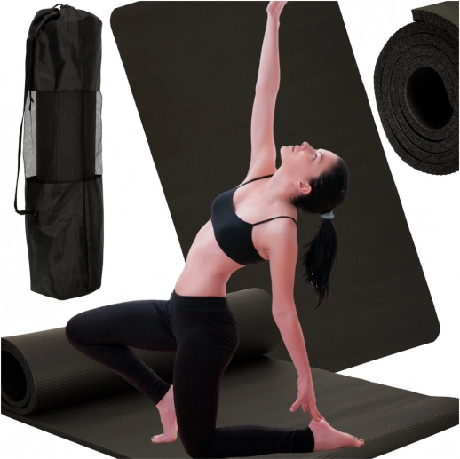 Mocna mata do fitness i jogi 185 × 83 × 1,5 cm czarna z pokrowcem