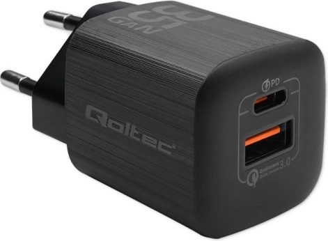 Ładowarka sieciowa QOLTEC 35 W GaN Ultra, 1× USB‑C PD + 1× USB‑A, czarna