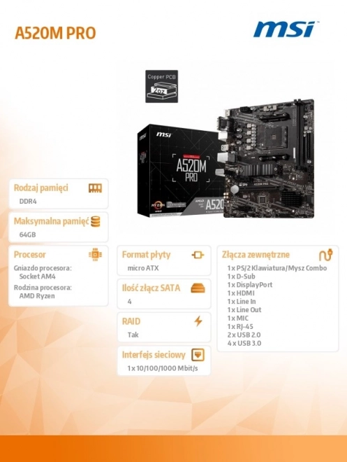 Płyta główna MSI A520M PRO mATX dla AMD