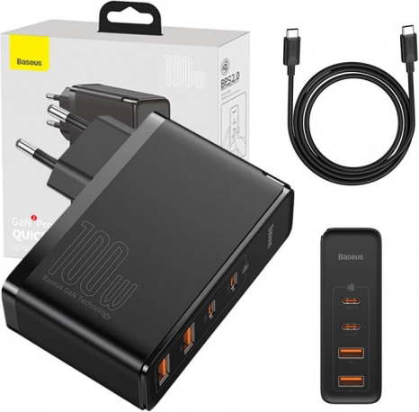 Ładowarka podróżna Baseus GaN2 Pro Quick 100W, 2× USB-C + 2× USB, EU – czarna