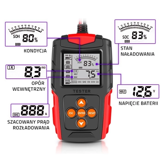 Cyfrowy tester baterii z wyświetlaczem LCD | 12V | 24V | 3Ah-200Ah
