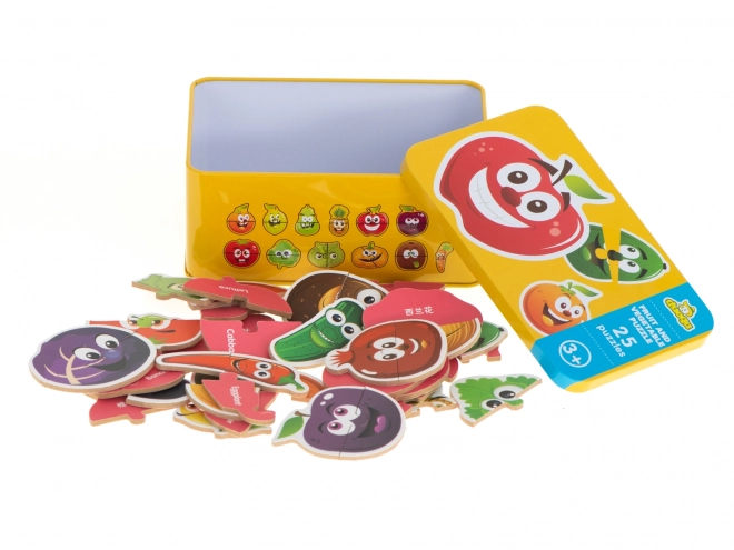 Puzzle z motywami owoców i warzyw w metalowym pudełku