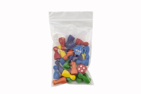 Figurki drewniane 25mm 24szt 6 kolorów + 2 kostki gra towarzyska w woreczku 7x13cm