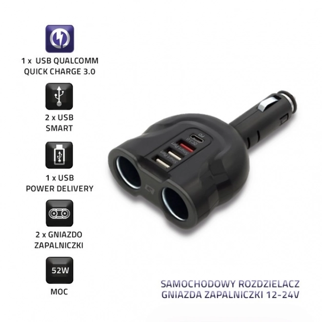 Rozdzielacz gniazda zapalniczki samochodowej 12-24V | 52W | 2,4A | 2xUSB | USB QC 3.0 | USB-C PD | 2x gniazdo zapalniczki do papierosów