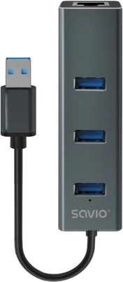 Savio hub USB-A 3.1 Gen 1 z 3 portami i adapterem RJ‑45 gigabit ethernet