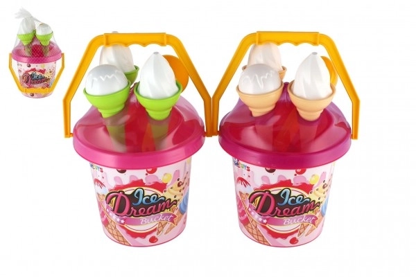 Zestaw do piasku plastikowy wiaderko + foremki lody 2 kolory w siatce 18x28x17cm 12m+