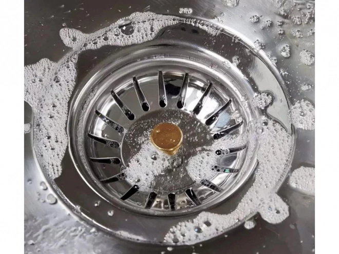 Metalowe sitko do zlewu z dużym koszem i syfonem