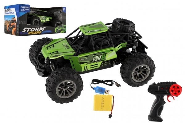 Auto RC buggy terenowe zielone 22cm plastik 2,4GHz na baterie + pakiet do ładowania w pudełku 32x16x18cm