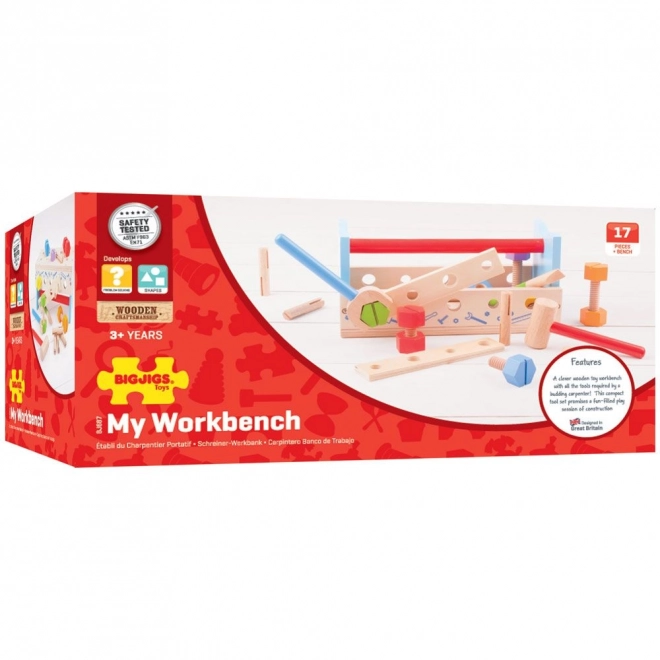 Drewniany stolik warsztatowy i skrzynka na narzędzia 2w1 Bigjigs Toys