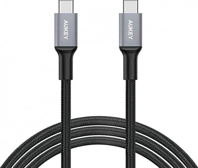 aukey kabel usb‑c na usb‑c 2 m, 60 w, szybkie ładowanie, pleciony nylon, czarny