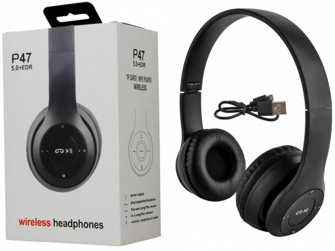Bezprzewodowe słuchawki p47 bluetooth mikrofon mp3 – Czarne