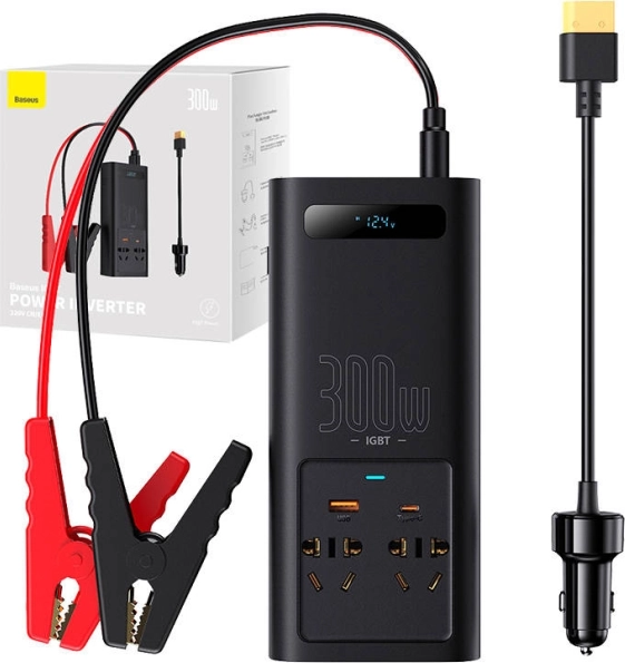 Samochodowy przetwornik napięcia Baseus 300 W z czystą sinusoidą, USB i gniazdami AC