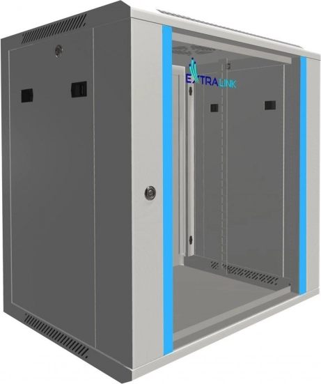 Wisząca szafa rack 12U 600×450, szara, przeszklone drzwi EXTRALINK