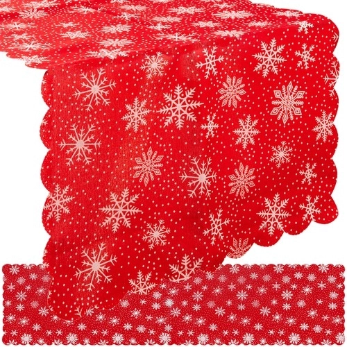 Świąteczny bieżnik na stół czerwony z białymi śnieżynkami 150 x 35 cm