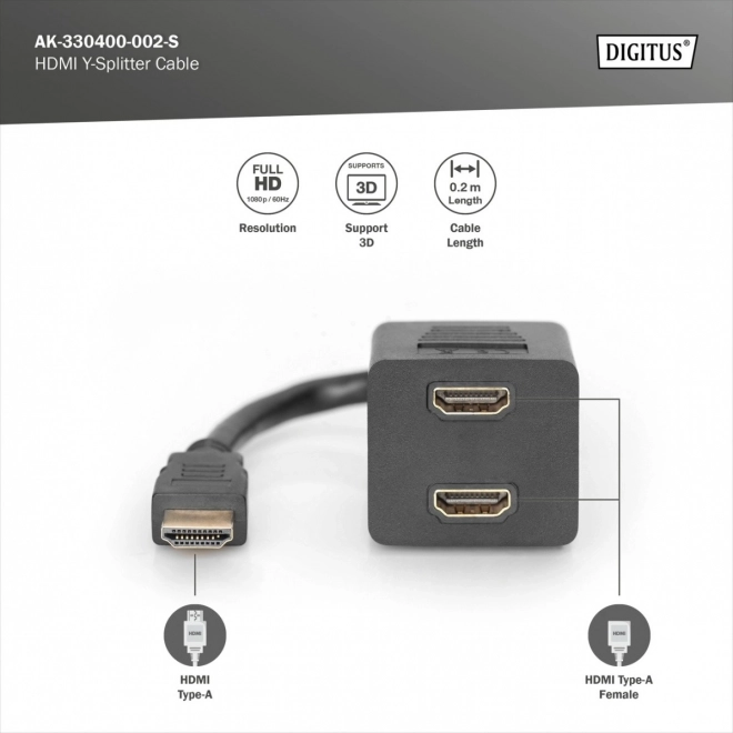 Kabel rozdzielający HDMI HighSpeed 1080p 24Hz FHD Typ HDMI A/2xHDMI A M/– 0,2 m czarny