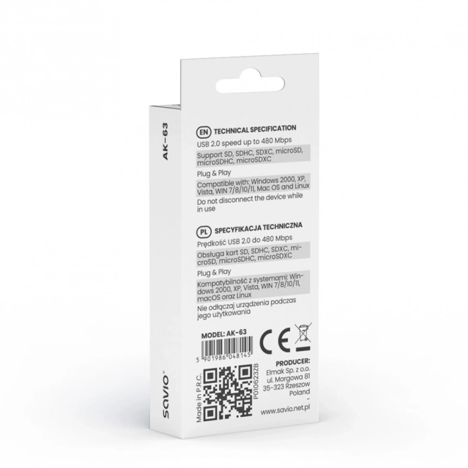 Czytnik kart SD, USB 2.0, 480 Mb/s, AK-63