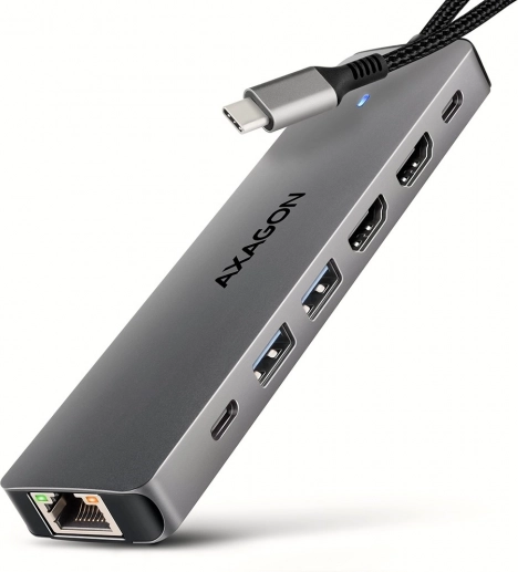 AXAGON HMC-7HX2 wieloportowy hub USB‑C 7w1 z 2× HDMI 4K/60 Hz, 2× USB‑A, USB‑C, GLAN i PD 100 W