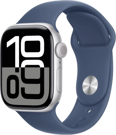 Watch Series 10 GPS, koperta 42 mm z aluminium w kolorze srebrnym z dżinsowym paskiem sportowym rozmiar S/M