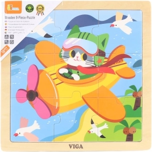 Drewniane puzzle 9 elementów – samolot z kotkiem VIGA