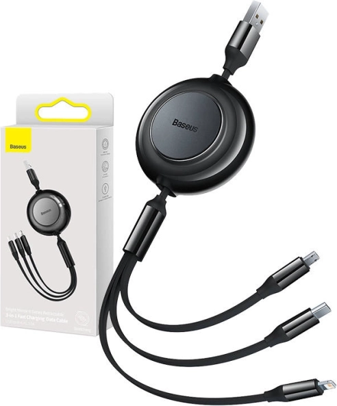 Zwĳany kabel 3w1 do ładowania i danych Baseus Bright Mirror II, USB-A do Lightning/USB-C/micro USB, 3,5 A, 1,1 m, czarny