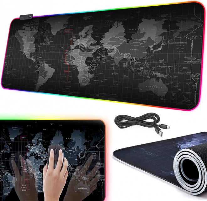 Podświetlana gamingowa podkładka pod mysz RGB XXL Mapa świata 80 × 30 cm
