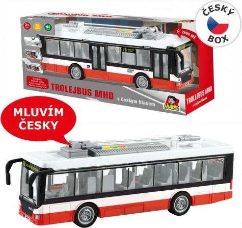 Trolejbus z czeskimi zapowiedziami i światłami na napęd bezwładnościowy 28 cm