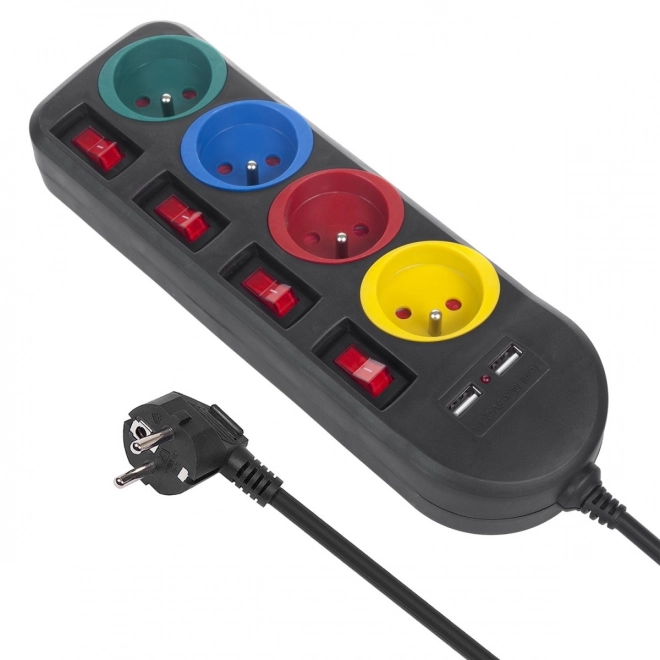 Listwa zasilająca z przełącznikami 4 gniazda + 2xUSB kabel przedłużający MCE229B czarna