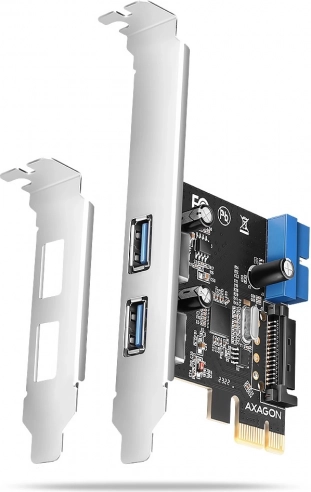 kontroler pcie axagon z 2× usb-a i 2× wewnętrznym usb 5 gb/s, uasp, niski profil, zasilanie sata