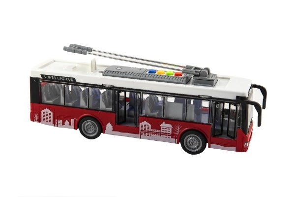Autobus/trolejbus plastikowy 28cm na mechanizm bezwładnościowy na bat. ze światłem z dźwiękiem w pudełku 32x17x11cm