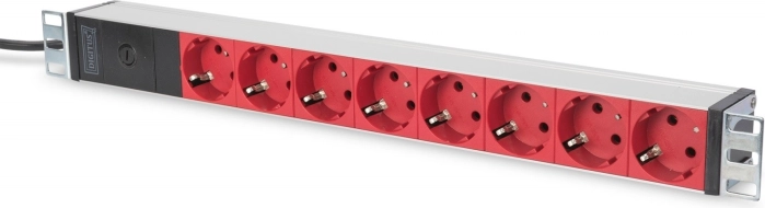 Listwa zasilająca do szafy rack 19″ DIGITUS, 8× czerwone gniazda Schuko, wejście C14, kabel 2 m, 10 A, aluminium