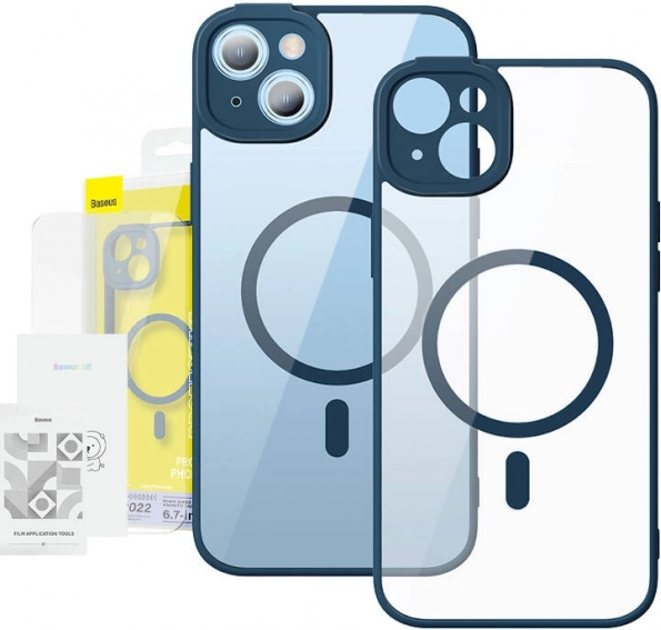 Przezroczyste magnetyczne etui i szkło hartowane Baseus do iPhone 14 Plus niebieskie