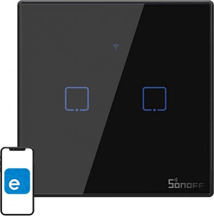Inteligentny dotykowy włącznik SONOFF T3 EU, Wi‑Fi + RF 433, 2‑kanałowy, czarny