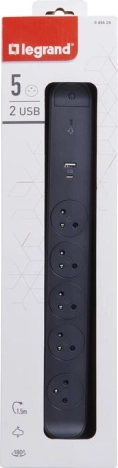 Przedłużacz 5 gniazd z USB A/C, 1,5 m, czarny