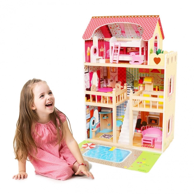 Drewniany domek dla lalek, meble, basen + oświetlenie ECOTOYS