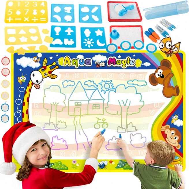 Wodna mata do rysowania Aqua Magic 100 × 80 cm z zestawem stempli, szablonów i wodnych flamastrów