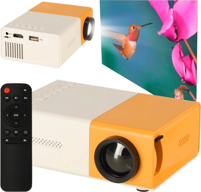 Mini projektor LED z TFT LCD, 24–60 cali, HDMI/USB, obsługa 1080p – biało‑pomarańczowy