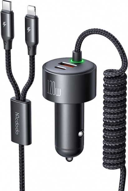 ładowarka samochodowa Macdodo 120W z USB‑C i Lightning, chowane przewody