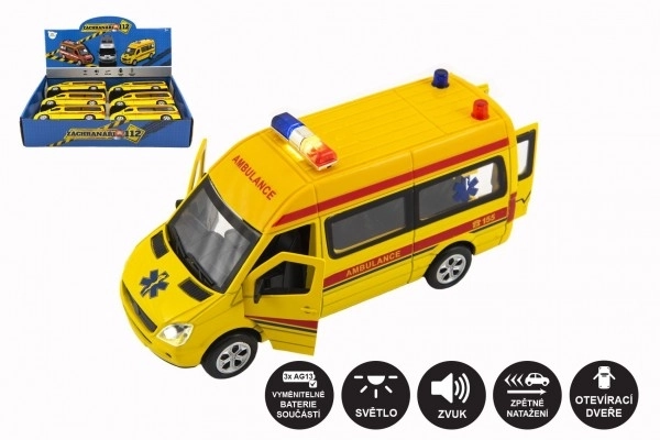 Auto ambulans metalowo/plastikowe 15cm na baterie ze światłem i dźwiękiem na mechanizm cofania 6 sztuk w pudełku