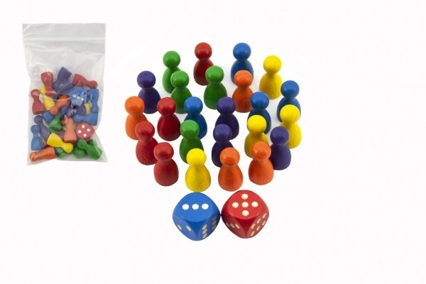 Figurki drewniane 25mm 24szt 6 kolorów + 2 kostki gra towarzyska w woreczku 7x13cm