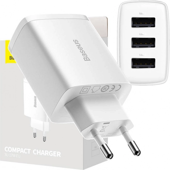 Ładowarka sieciowa BASEUS 17 W, 3× USB, biała