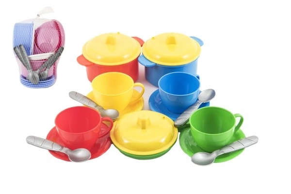Zestaw kolorowych naczyń z plastiku 18 szt. w siatce 12m+