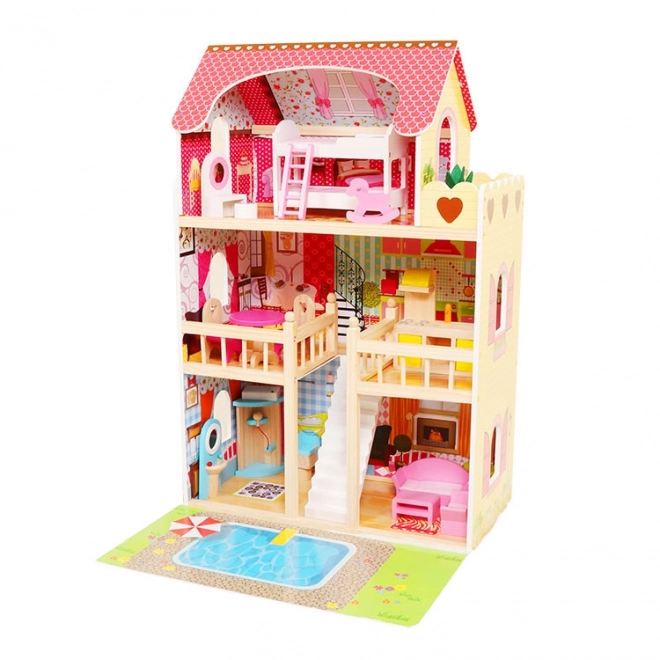 Drewniany domek dla lalek, meble, basen + oświetlenie ECOTOYS