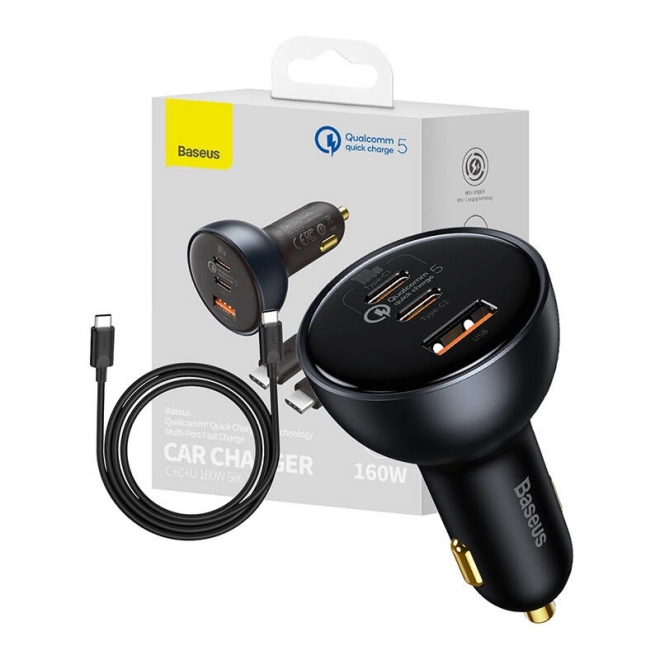 Ładowarka samochodowa Baseus Qualcomm, USB, 2x USB-C, 160 W (szara)