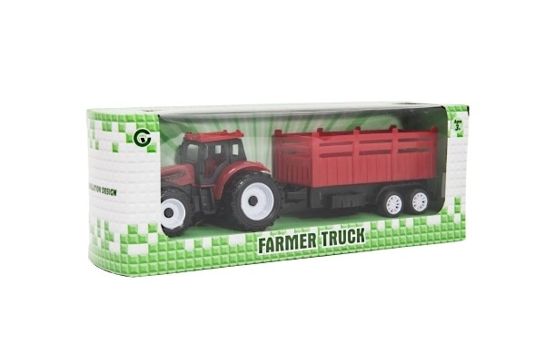 Traktor z przyczepą plastikowy 21cm na wolny bieg 2 kolory w pudełku 23x9x6cm