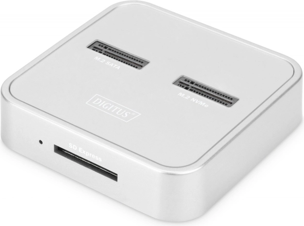 Stacjonarna stacja dokująca dla SSD M.2 NVMe i M.2 SATA z czytnikiem SD Express, USB‑C, srebrna