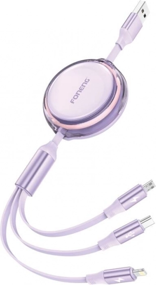 Foneng X113 3w1 teleskopijny kabel ładujący 1,1 m fioletowy