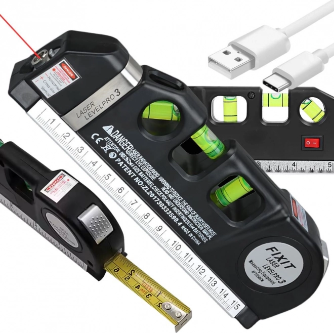 Laserowa poziomica 3 w 1 z taśmą 2,5 m i ładowaniem USB